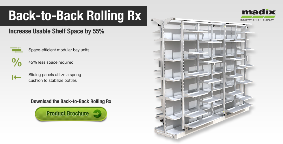 Madix's Back-to-Back Rolling Rx Unit - Creates 55% more shelf space by utilizing rolling panels on either side of the unit.