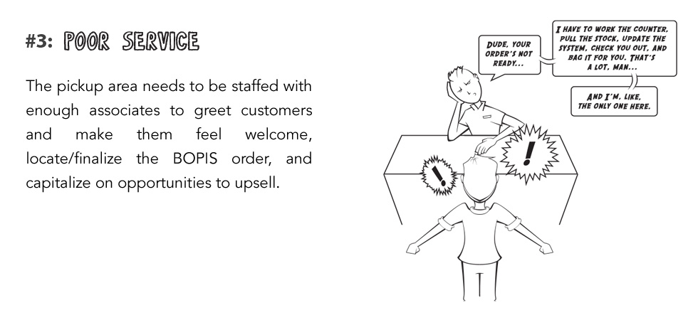 The pickup area needs to be staffed with enough associates to greet
customers and make them feel welcome, locate/finalize the BOPIS order, and capitalize on opportunities to upsell.