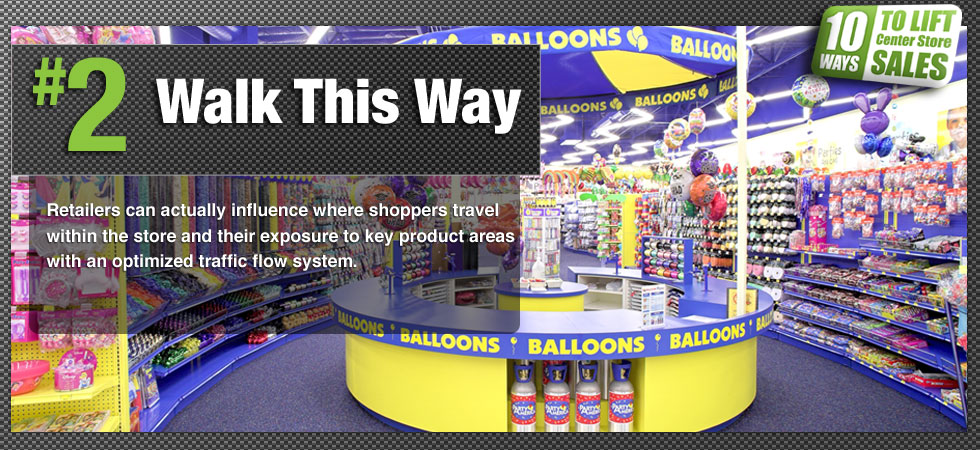 Retailers can actually influence where shoppers travel within the store and their exposure to key product areas with an optimized traffic flow system.  This includes everything from the design and placement of aisles, product sampling opportunities, demonstration stations, mobile displays and even the strategic placement of key product categories that force or entice customers to visit areas of the store where they might not have otherwise ventured.